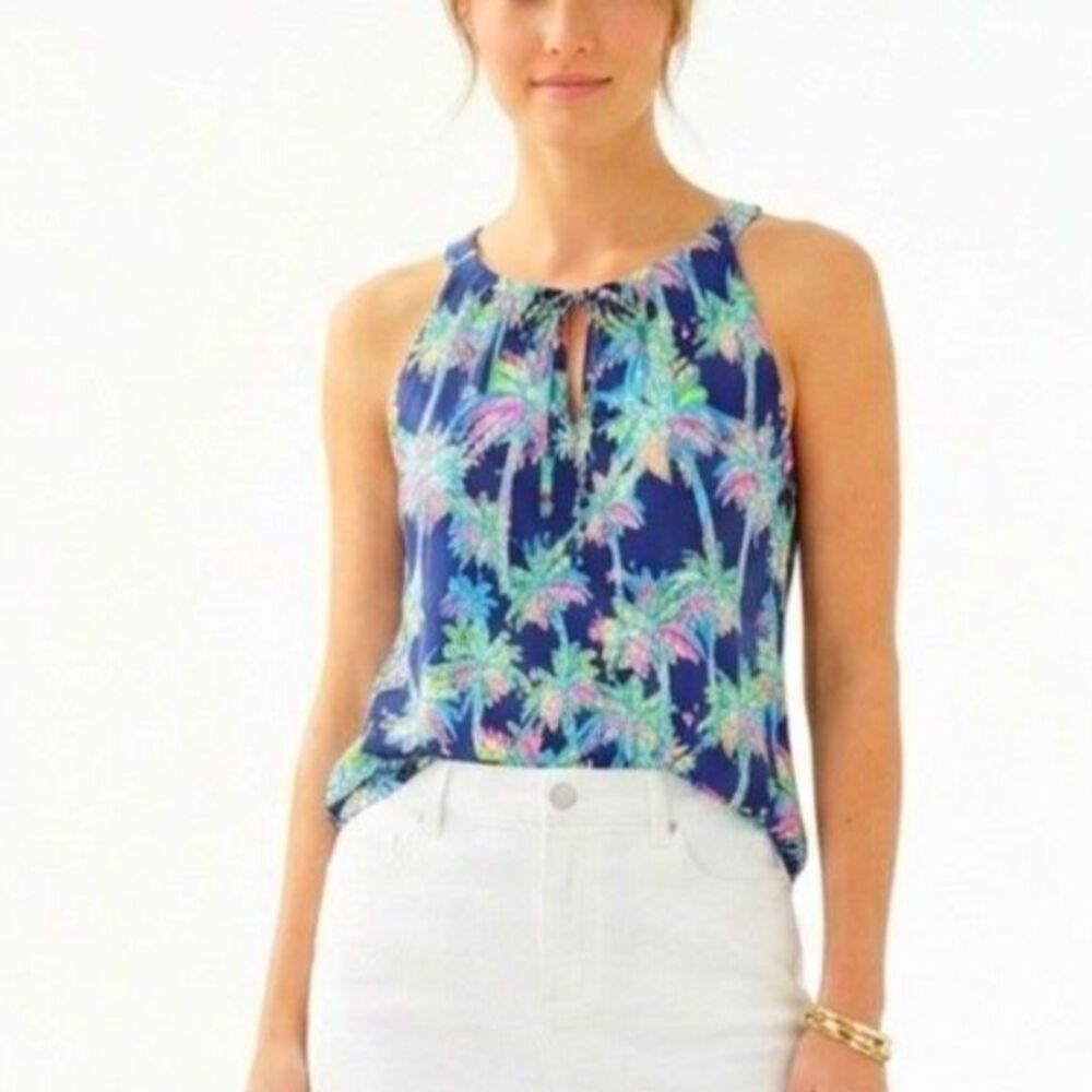 Lulu B NWOT Women's Navy Multicolor Palm Tree Sleeveless Key Hole Top Size L